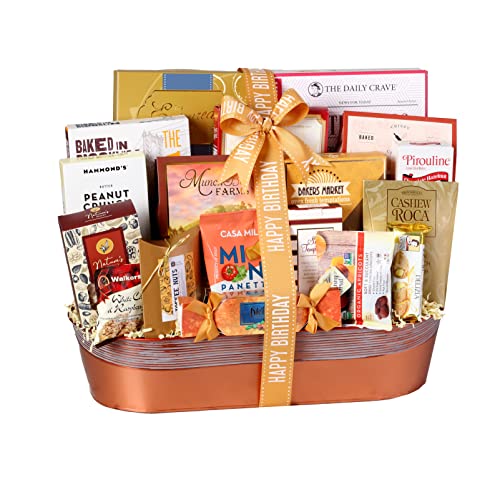 Broadway Basketeers Happy Birthday Grand Gift Basket Chocolates, Sweet, Savory, Crunchy, Packed with Birthday Fun for Mom, Dad, Family, Friends, and Business Associates, Kosher