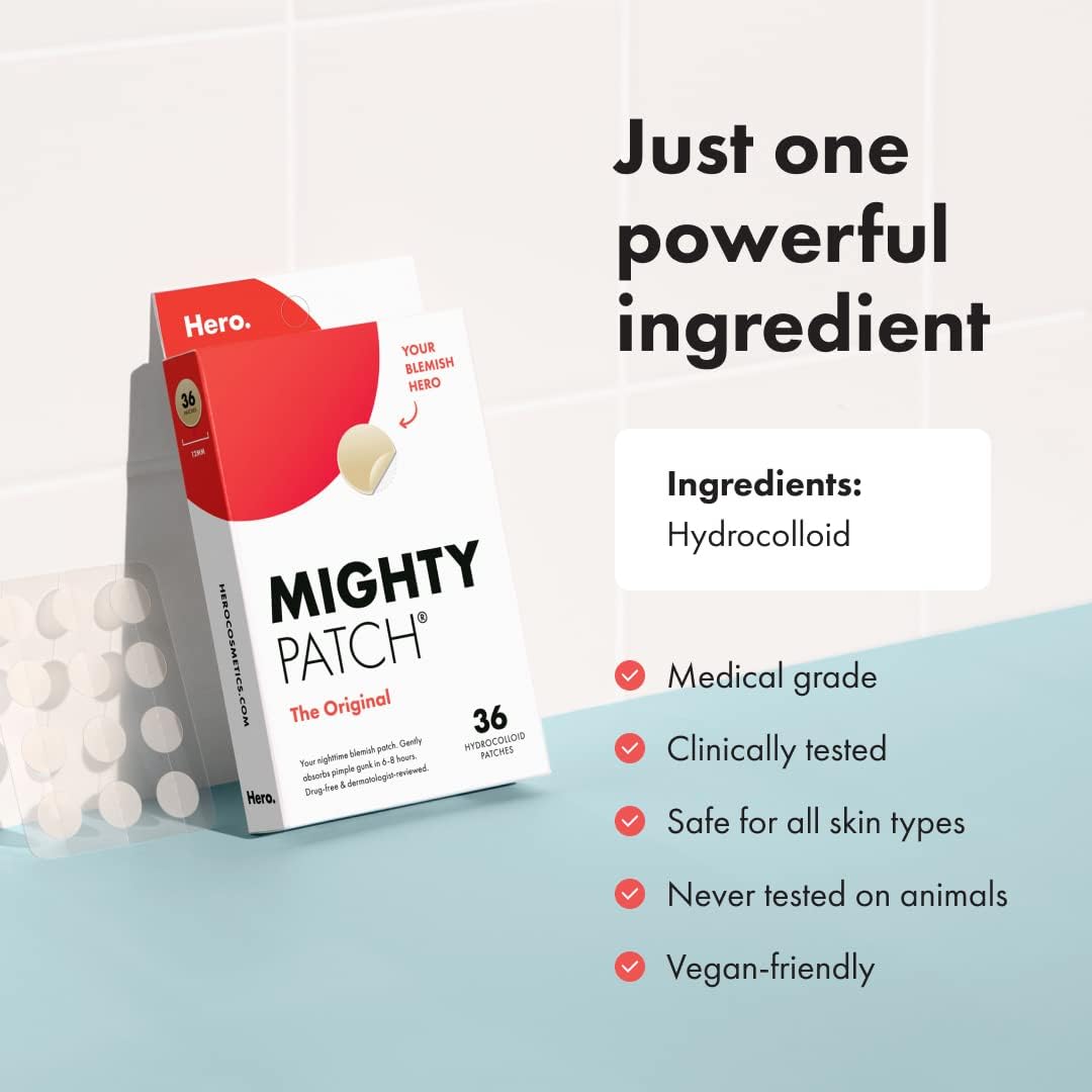 Mighty Patch Original from Hero Cosmetics - Hydrocolloid Acne Pimple Patch for Covering Zits and Blemishes, Spot Stickers for Face and Skin, Vegan-friendly and Not Tested on Animals (36 Count)