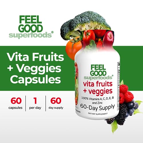 FeelGood Superfoods Vita Fruits and Veggies Dietary Supplement Capsules Made from 25 Superfood Ingredients, Fruit and Vegetable Multivitamin, 60 Count