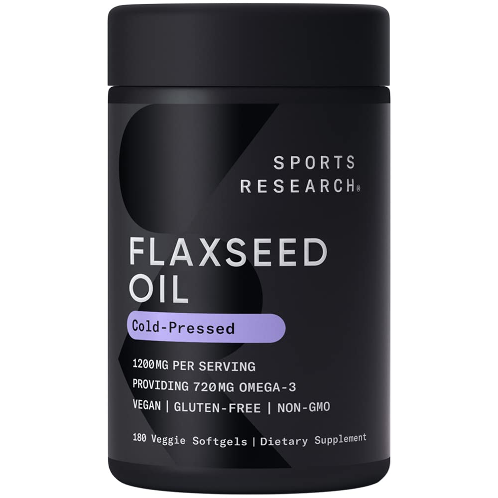 Sports Research Vegan Flaxseed Oil (1200mg) Herbal Supplement with Plant-Based ALA Omega 3 - Vegan Certified & Non-GMO Verified - Gluten, Soy & Carrageenan Free (180 Veggie Softgels)
