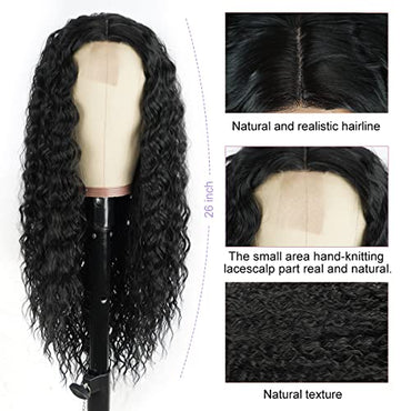 Halcyon Long Curly Wig for Black Women 26inch Synthetic Curly Wig Middle Part Wigs Hair Replacement Wigs (26inch, 1/Black)