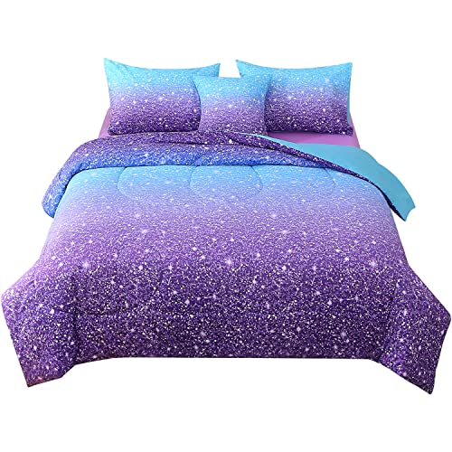 JQinHome Glitter Comforter Set Twin Size,6 Piece Bed in A Bag 3D Colorful Ombre Bedding Set for Girls Kids(1 Comforter,2 Pillowcases,1 Flat Sheet,1 Fitted Sheet,1 Cushion Cover)(Blue Purple)