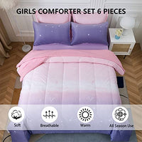 Girls Comforter Set Twin Size 6 Pieces Bed in A Bag Colorful Ombre Pink Purple Rainbow Bedding Set for Kids Teen (1 Comforter, 1 Flat Sheet, 1 Fitted Sheet, 1 Pillow sham, 2 Pillowcases)