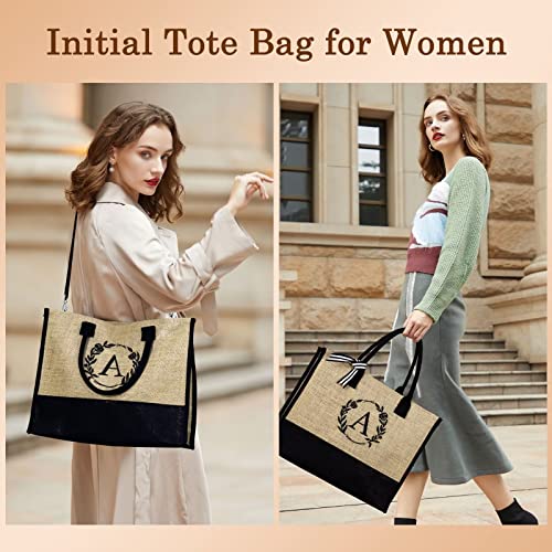 YOOLIFE Gifts for Women - Birthday Gifts for Women A Initial Jute Tote Beach Bag with Zipper Birthday Gifts for Women Friends Female Mom Sister Teacher Appreciation Gifts Bride Gifts