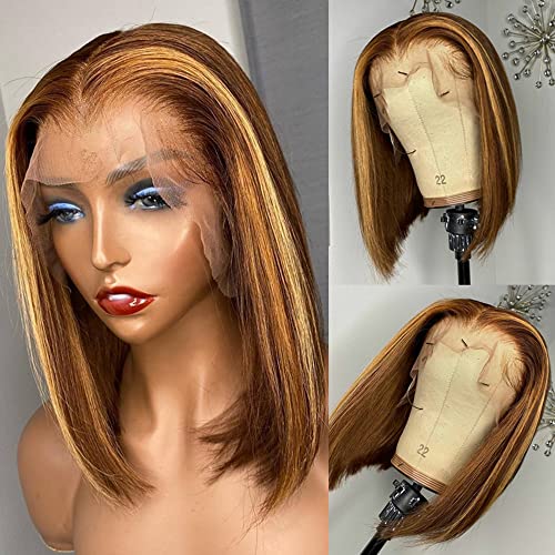 Hd Transparent Glueless P4/27 Highlight Bob Wig Human Hair 13X4 Frontal Lace Wig Ombre Brown Honey Blonde Highlight Blunt Cut Bob Wig Human Hair Lace Front Pre Plucked With Baby Hair Natural Hairline For Black Women (12 Inch, P4/27 Highlight 13X4 Straight