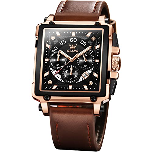 OLEVS Square Watches for Men Black Face Brown Leather Luxury Watches for Men Chronograph Fashion Business Waterproof Dress Wrist Watches