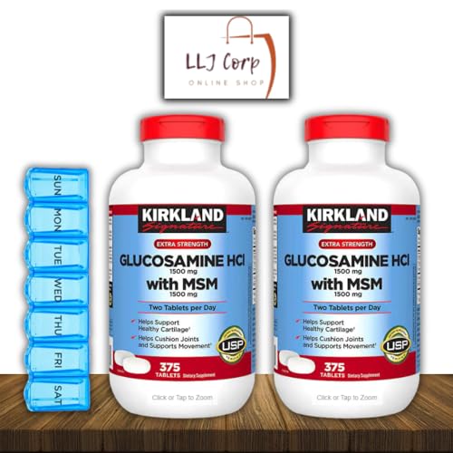 Kirkland Signature Extra Strength Glucosamine Extra Strength HCl with MSM, 375 Tablets Pack 2 Bundle with Weekly Pill Planner + LLJ Corp Sticker.