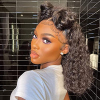 ANDRIA Short Bob Curly Lace Front Wigs Natural Black Loose Curly Glueless Lace Wig Synthetic Heat Resistant Fiber Hair Wig With PrePlucked Hair Line For Black Women 14 Inches