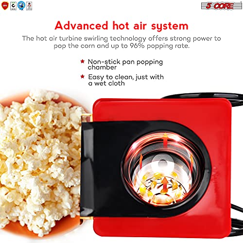 5 Core Popcorn Machine Popcorn Maker with Wheels, 1400 Watts, 120 V, Hot Air Popcorn Popper 12 Cup Retro Vintage Fashioned Style, For Movie Parties and Home Red POP 820