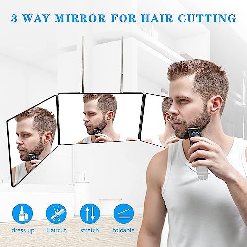 JANMPASK 3 Way Mirror for Self Hair Cutting Tools with Height Adjustable Mirror 360 Trifold Mirror for Makeup to See Back of Head (Black)