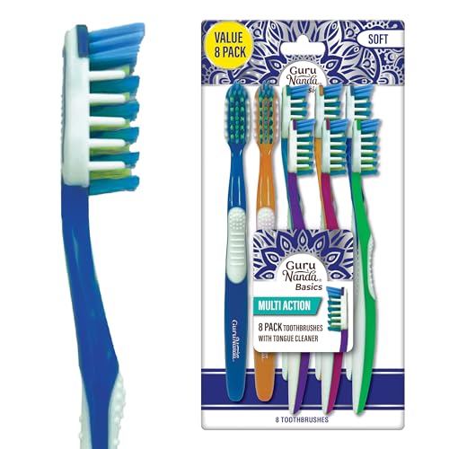 GuruNanda Multi-Action Toothbrush with Tongue Cleaner - Soft Bristles for Sensitive Teeth & Gums - Assorted Colors, Pack of 8