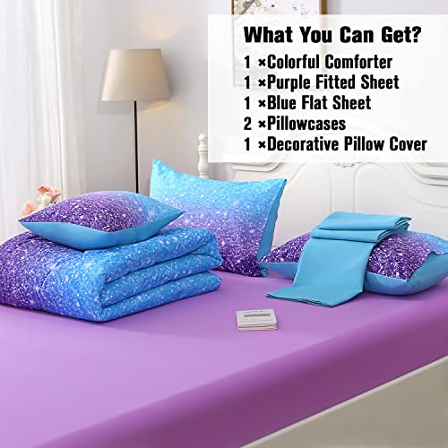 JQinHome Glitter Comforter Set Twin Size,6 Piece Bed in A Bag 3D Colorful Ombre Bedding Set for Girls Kids(1 Comforter,2 Pillowcases,1 Flat Sheet,1 Fitted Sheet,1 Cushion Cover)(Blue Purple)