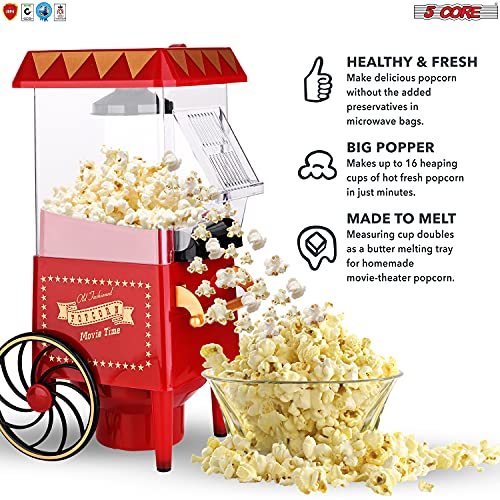 5 Core Popcorn Machine Popcorn Maker with Wheels, 1400 Watts, 120 V, Hot Air Popcorn Popper 12 Cup Retro Vintage Fashioned Style, For Movie Parties and Home Red POP 820