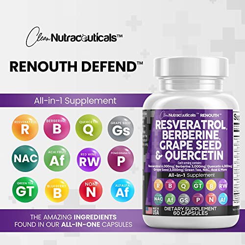 Resveratrol 6000mg Berberine 3000mg Grape Seed Extract 3000mg Quercetin 4000mg Green Tea Extract - Polyphenol Supplement for Women and Men with N-Acetyl Cysteine, Acai Extract - Made in USA 60 Caps