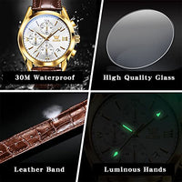 OLEVS Mens Watches Leather Band Luxury Dress Chronograph Watch Casual Waterproof Gold and Blue Watches for Men Relojes para Hombres