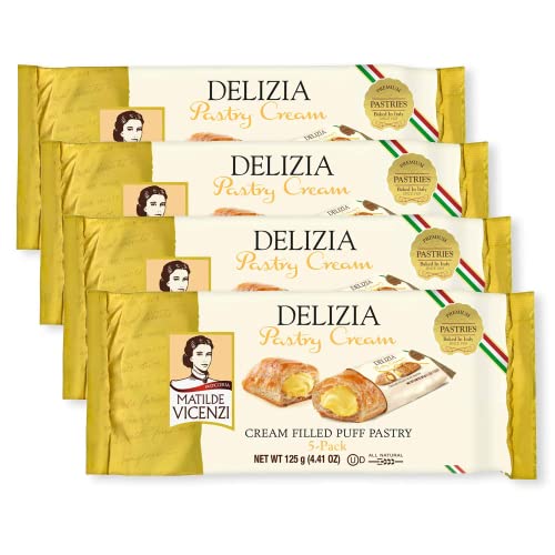 Delizia Pastry Cream by Pasticceria Matilde Vicenzi | Cream Filled Puff Pastry Patisserie Rolls | All-Natural, Kosher Dairy | Made in Italy | 4.41oz (125g) Box, 4-Pack