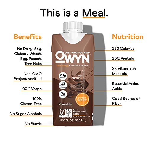 OWYN Plant-Based Complete Nutrition Protein Shake, Chocolate, 20g plant based protein, 23 Vitamins Minerals, Vegan Nutritional Shake, Gluten, Soy, and Tree Nut-Free (Chocolate, 12 pack)