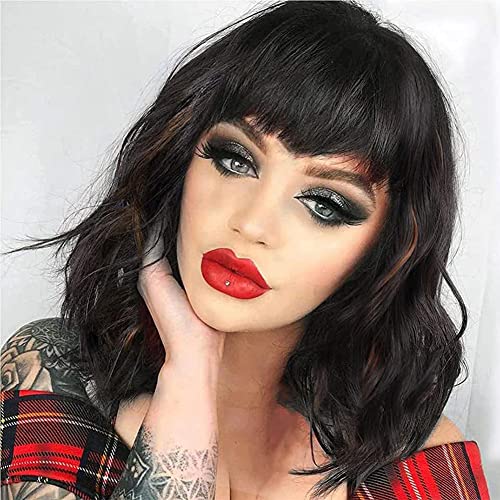 Elfairy Short Wig with Bangs for Women Black Mixed Brown Highlights Wig Natural Looking Synthetic Hair Replacement Wig(12'' Brown Highlights Wig)