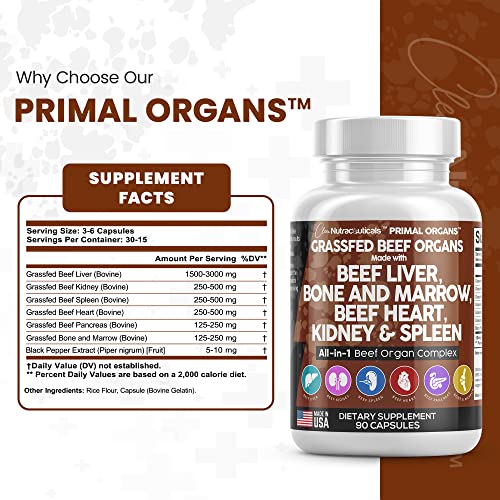 Grass Fed Beef Liver Capsules 3000mg - Premium Quality Beef Organs Supplement Packed with Desiccated Beef Liver, Beef Heart, Beef Spleen, Beef Pancreas Plus Bone and Marrow Dao Enzyme Pills - USA Made