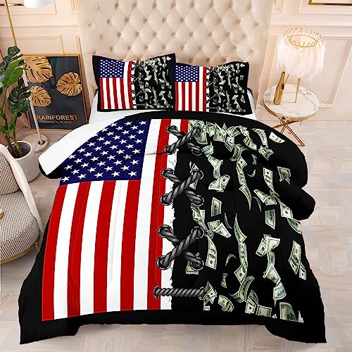 Tailor Shop American Flag Comforter Sets Full Size,Money Comforter Set American Flag Bedding Sets for Kids Boys Teens One Hundred Dollar Bedding Sets 3 Piece with 1 Comforter and 2 Pillowcase……