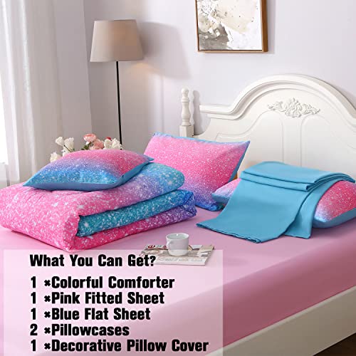 JQinHome Glitter Comforter Set Twin Size,6 Piece Bed in A Bag 3D Colorful Duvet Pink Blue Bedding Sets for Girls Kids - (1 Comforter,2 Pillowcases, 1 Flat Sheet, 1 Fitted Sheet, 1 Cushion Cover)