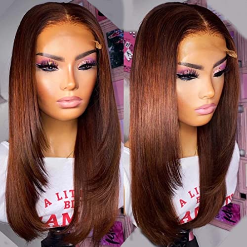 Beauty Forever #33B Reddish Brown Butterfly Haircut 13x4 Lace Front Straight Wig Human Hair Wigs for Women,150% Density 12A Grade Front Layered Invisible Lace Frontal Wigs Natural Hairline Pre Plucked with Baby Hair 14inch