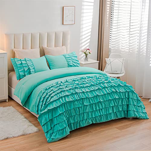 Holawakaka Aqua Waterfall Ruffle Comforter Set Queen Size Multi-Layers Ruffled Shabby Chic 3PCS Bedding Set for Girls Women