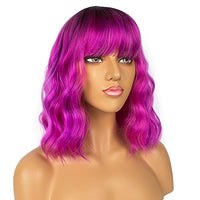 LANCAINI Colourful Short Bob Wigs with Bangs for Women Loose Wavy Wig Curly Wavy Shoulder Length Bob Synthetic Cosplay Wig for Girl Colorful Costume Wigs, Black-Rose mixed Purple