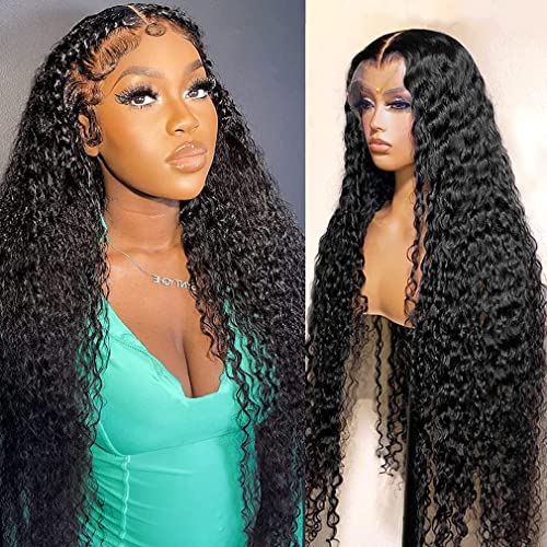 Aomllute Deep Wave Lace Front Wigs Human Hair 180% Density 24 Inch 13x4 HD Lace Frontal Human Hair Wigs for Women Glueless Wigs Human Hair Pre Plucked Wet and Wavy Lace Front Wigs Natural Black Color