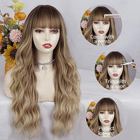 Lativ Blonde Wig With Bangs Long Wavy Curly Ombre Wig with Dark Root Synthetic Heat Resistant Wigs for Women Daily Party Use 26 Inches