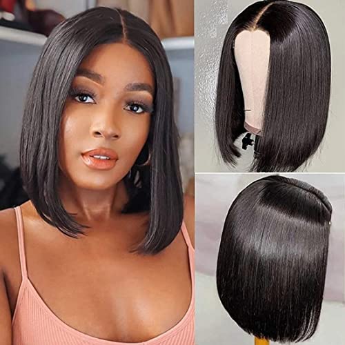 Beauty Forever Put on and Go Glueless Bob Wigs 6X4.5inch Lace Front Human Hair Wig Pre Plucked,Pre Cut Lace Straight Bob Lace Closure Wig 150% Density Natural Color 10 Inch