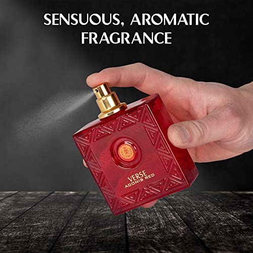 NovoGlow Verse Adonis Red for Men - 100ml Eau De Parfum Spray for Men - Long Lasting Fruity Warm & Floral Fragrance Smell Fresh All Day Long Includes Carrying Pouch Gift for Men for All Occasions