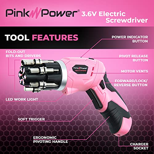 Pink Power 4 Volt Rechargeable Cordless Electric Screwdriver Set with Bubble Level - Pink Tool Set for Women Power Tools