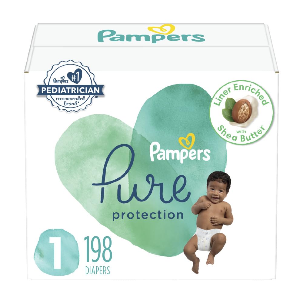 Pampers Pure Protection Diapers - Size 1, 198 Count, Hypoallergenic Premium Disposable Baby Diapers