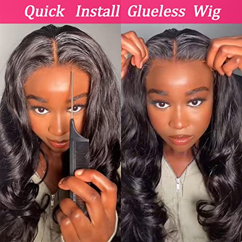 MEGALOOK Wear and Go Glueless Body Wave Lace Front Wigs, Natural Black, 28 Inch