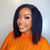 BLY 6x4 HD Lace Glueless Bob Wig Classic Yaki Human Hair Kinky Straight Hair Ready to Wear and Go Short Bob Lace Pre Cut Pre Plucked for Women Natural Black Color Hair 12 Inch