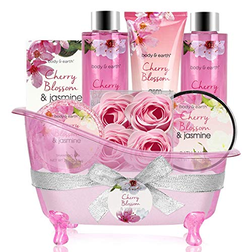 Gift Baskets for Women - Body & Earth Bath and Body Spa Gift Set with Cherry Blossom & Jasmine Scent Bubble Bath, Shower Gel, Shampoo Bar Soap, Bath Sets for Women Gift, Christmas Gifts for Her