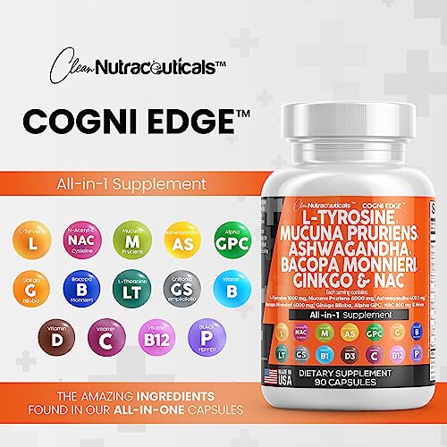 L-Tyrosine 1000mg Mucuna Pruriens 6000mg Bacopa Monnieri 500mg Ashwagandha 4000mg Focus Supplement with N-Acetyl Cysteine 600mg NAC 5-HTP Ginkgo Biloba Alpha GPC L Theanine Vitamin C D B1 B12 USA Made