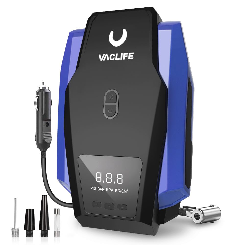 VacLife Tire Inflator Portable Air Compressor - Pump for Car Tires (up to 50 PSI), 12V DC Bikes 150 PSI) w/LED Light, Digital Pressure Gauge, Model: ATJ-1166, Blue (VL701)