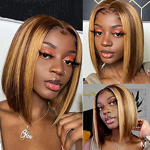 Hd Transparent Glueless P4/27 Highlight Bob Wig Human Hair 13X4 Frontal Lace Wig Ombre Brown Honey Blonde Highlight Blunt Cut Bob Wig Human Hair Lace Front Pre Plucked With Baby Hair Natural Hairline For Black Women (12 Inch, P4/27 Highlight 13X4 Straight