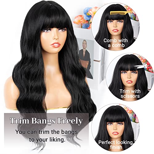 SOUTHEARTH Black Wig with Bangs, Long Wavy Wigs for Women Synthetic Curly Wigs with Bangs Hair Replacement Wigs for Daily Party Use 24inches