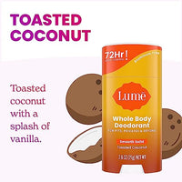 Lume Whole Body Deodorant - Smooth Solid Stick - 72 Hour Odor Control - Aluminum Free, Baking Soda Free and Skin Safe - 2.6 Ounce (Pack of 2) (Toasted Coconut)