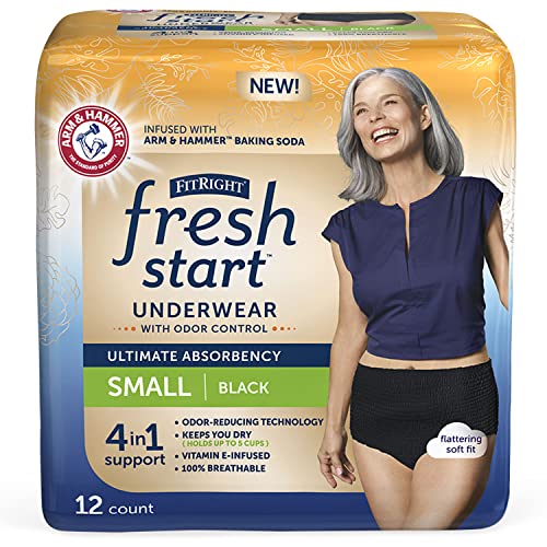 FitRight Fresh Start Urinary and Postpartum Incontinence Underwear for Women, Small, Black, Ultimate Absorbency, with The Odor-Control Power of ARM & Hammer Baking Soda (12 Count, Pack of 1)