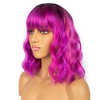 LANCAINI Colourful Short Bob Wigs with Bangs for Women Loose Wavy Wig Curly Wavy Shoulder Length Bob Synthetic Cosplay Wig for Girl Colorful Costume Wigs, Black-Rose mixed Purple