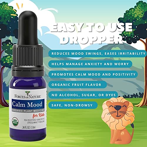 Forces of Nature – Kids Calm Mood Certified Organic (10ml), Non-GMO, Naturally Ease Mood Swings, Irritability, Anxiety, Stress and Worry Formula for Children. Homeopathic, Alcohol, Sugar & Dye Free