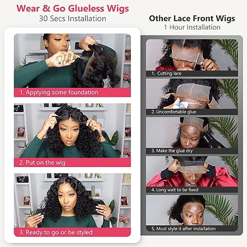 Smilegirl Wear and Go Glueless Wigs Pre Plucked Pre Cut 5x5 HD Lace Closure Wigs Ready to Wear Curly Bob Deep Wave Lace Front Wigs Human Hair Wigs for Black Women 200% Density (12 Inch)