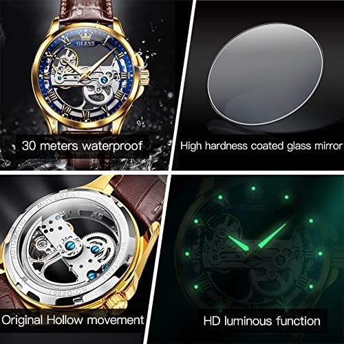 OLEVS Skeleton Watches for Men Automatic Self Winding Mechanical Luxury Dress Brown Leather Waterproof Luminous Men Wrist Watch