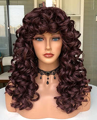 Annivia Curly Wig with Bangs for Black Women Burgundy Kinky Long Curly Shag Synthetic Hair Wigs Daily Use Cosplay 17 Inch