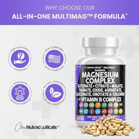 Magnesium Complex 2285mg with Glycinate Citrate Malate Oxide Taurate Aspartate Gluconate Orotate & Mag Chloride, Zinc Copper Manganese Vitamin C B1 B2 B6 B12 - 90 Count Made in USA