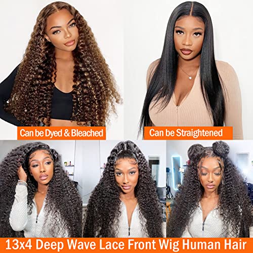 AISI 13x4 Deep Wave Lace Front Wigs Human Hair 180 Density Pre Plucked Lace Frontal Wigs Human Hair Deep Wave Lace Frontal Wigs for Black Women Glueless Brazilian Human Hair Front Lace Wigs (20inch)